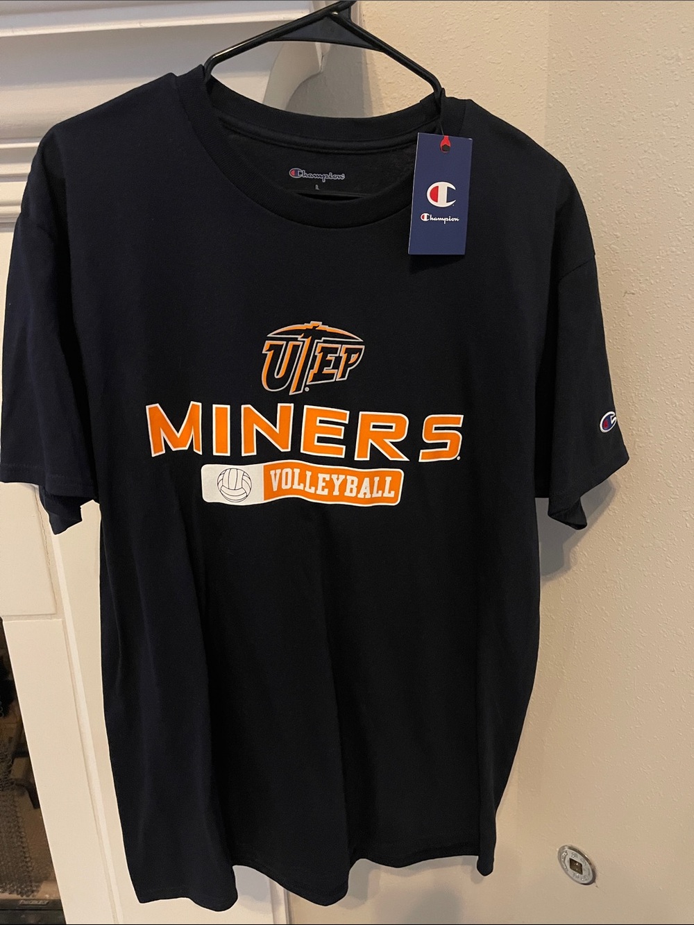 Champion Navy UTEP Miners Volleyball Tee with Orange & White Logo